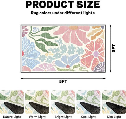 Floral Area Rug Modern Abstract Rug Pastel Flower Print Carpet Colorful Bohemian Plant Rugs for Entryway Bedroom Living Room Nursery Kitchen Playroom Home Decor,3'x5'