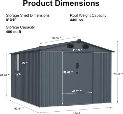 8x10 FT Outdoor Storage Shed, Metal Garden Shed with Window, Outside Tool Sheds with Lockable Sliding Doors, Waterproof Storage Building with 4 Air Vents for Backyard, Patio, Lawn, Dark Gray
