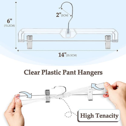HOUSE DAY Clear Pants Hangers 100 Pack, Non-Slip Plastic Skirt Hanger with 2 Adjustable Clips, Heavy Duty Clip Hangers for Pants, Skirts, Shorts, 14" Clear Hanger, 360-Rotating Swivel Hook