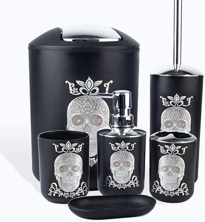 Halloween Bathroom Accessories Set 6 Piece Plastic Bathroom Ensemble Soap Dispenser Toothbrush Holder Tumbler Soap Dish Trash Can Toilet Brush Holder for Decorative Countertop Housewarming Gift(Black)