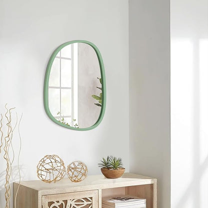Wooden Framed Irregular Mirror - Modern Artistic Asymmetrical Oval Hanging Wall Mirror for Bathroom, Bedroom, Living Room, Entryway & Hallway