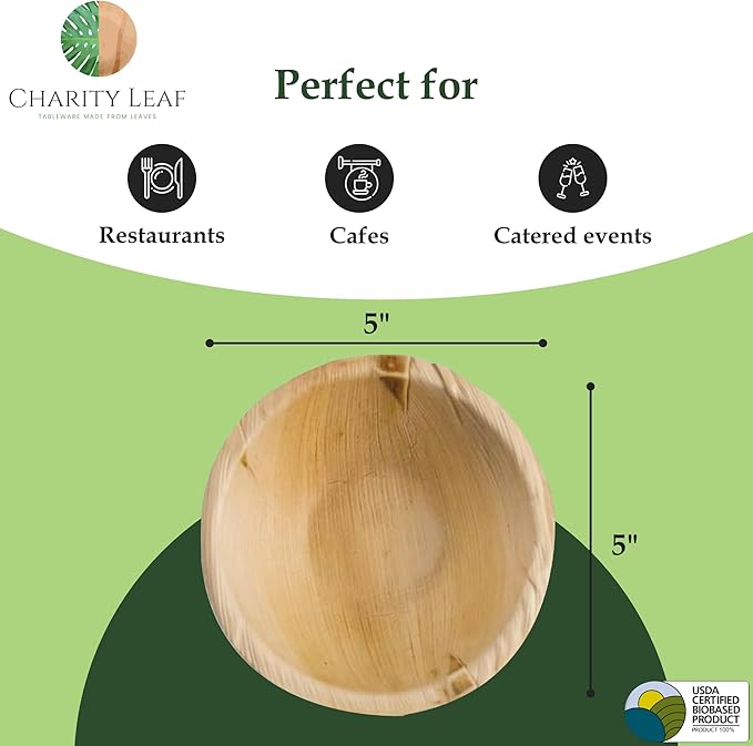 Charity Leaf Disposable Palm Leaf 5" Round Bowl (200 pcs) Dipping Bowls | Bamboo Like| All Natural and Biodegradable | Charcuterie Boards, BBQs, and Parties
