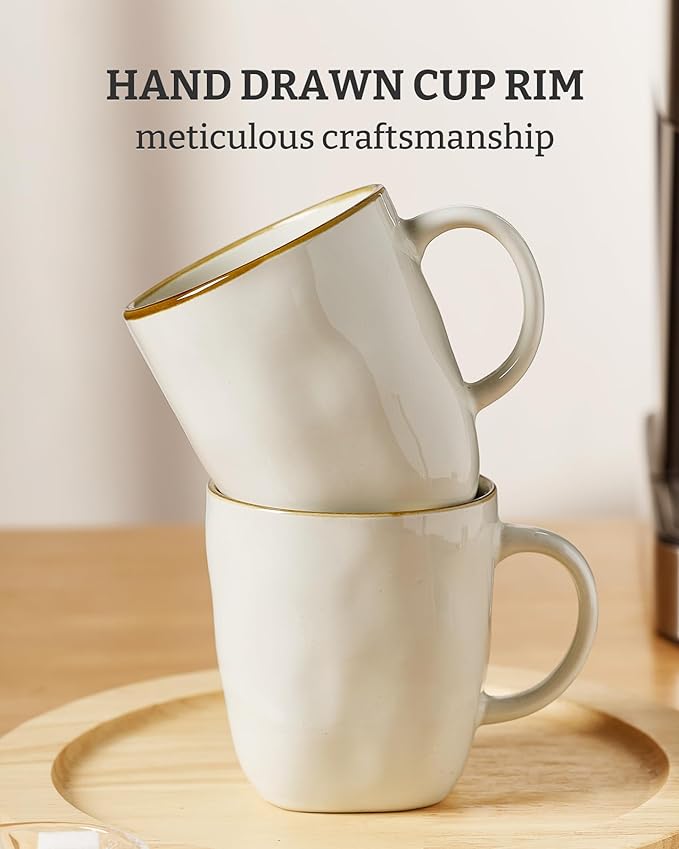 famiware Coffee Mugs Set of 4, Ocean Square 13oz Coffee Cup Set with Handle for Cocoa, Milk, Hot Chocolate, Tea, Water, Stoneware Cups for Kitchen, Microwave and Dishwasher Safe, Vanilla White