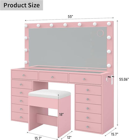 55'' Vanity Desk, Makeup Vanity with Charging Station, 13 Drawers with Lighted Mirror, 3 Lighting Modes, Brightness Adjustable, Glass Top, Vanity Table with Chair for Bedroom, Pink