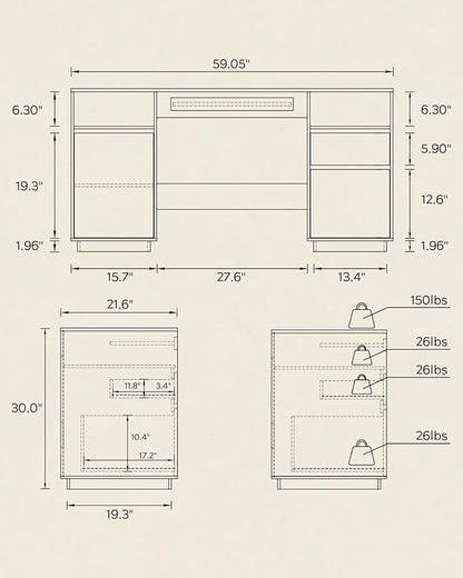 Farmhouse Executive Desk with File Drawer 59" Large Computer Desk Home Office Desk with Charging Station, Keyboard Tray, Storage Cabinet Modern Workspace for Study, Writing, Brown