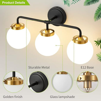 Black Gold Bathroom Light Fixtures Over Mirror, 22.4'' Modern Vanity Lighting with White Glass Globe Shade 3-Light Farmhouse Wall Sconce