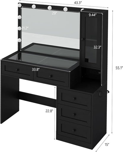 43" W Vanity Desk with Mirror & 11 Lights, 5 Drawer Modern Makeup Desk with Glass top & Cushioned Stool, 3 Lighting Modes Brightness Adjustable,Power Outlet,Bedroom，Black