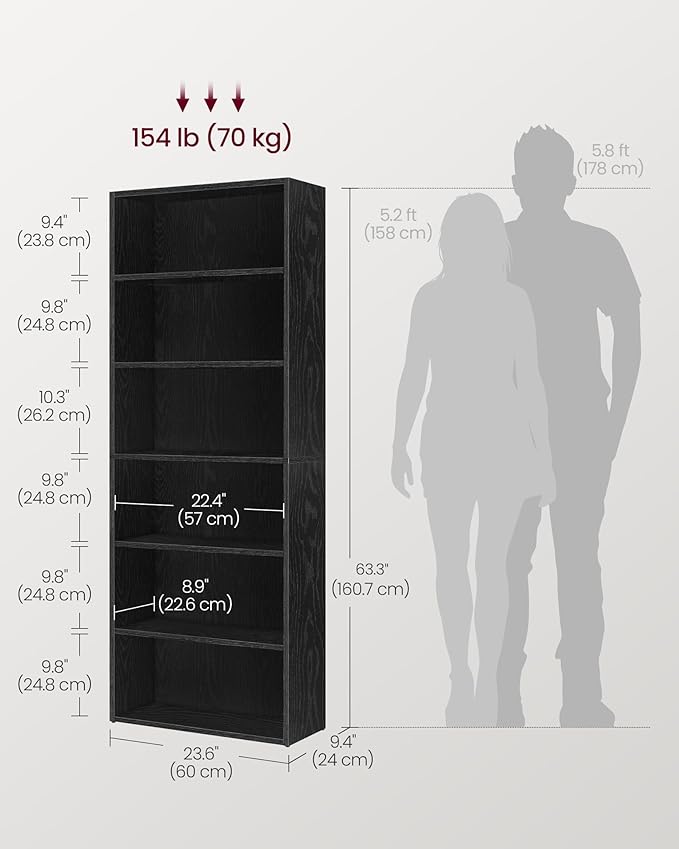 VASAGLE CUSTOS Collection - Bookshelf, 6-Tier Bookcase, Book Shelf, Open Storage Shelf, 9.4 x 23.6 x 63.3 Inches, for Living Room, Home Office, Dinning Room, Ebony Black ULBC166T56