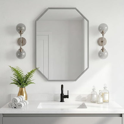 20"x28" Octagon Metal Mirror, Farmhouse Silver Bathroom Mirror, Rectangle Wall Mounted Vanity Mirror Hanging for Bedroom Entryway Living Room Farmhouse Horizontal/Vertical