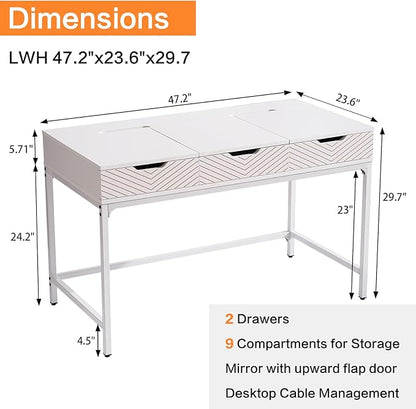 TEKAMON 47" Makeup Vanity Desk with Mirror，Girls Vanity Dressing Table for Bedroom, Wood Home Office Desk with 2 Drawers, Writing Study Desk with Cable Management, White