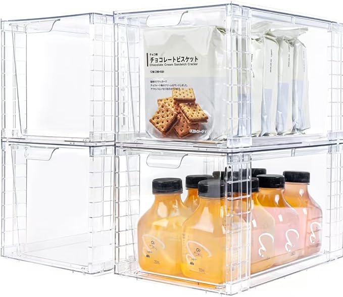 4Pack Large Stackable Storage Drawers,Clear Acrylic Organizers with Handle,Easily Assemble for Kitchen Undersink,Bathroom,Cabinet,Makeup,Closet,Medicine,Pantry Organization Bins