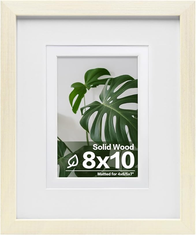 Egofine 8x10 Picture Frame Made of Solid Wood with Plexiglass, Display Pictures 4x6/5x7 with Mat or 8x10 Without Mat for Tabletop and Wall Mounting, Beige