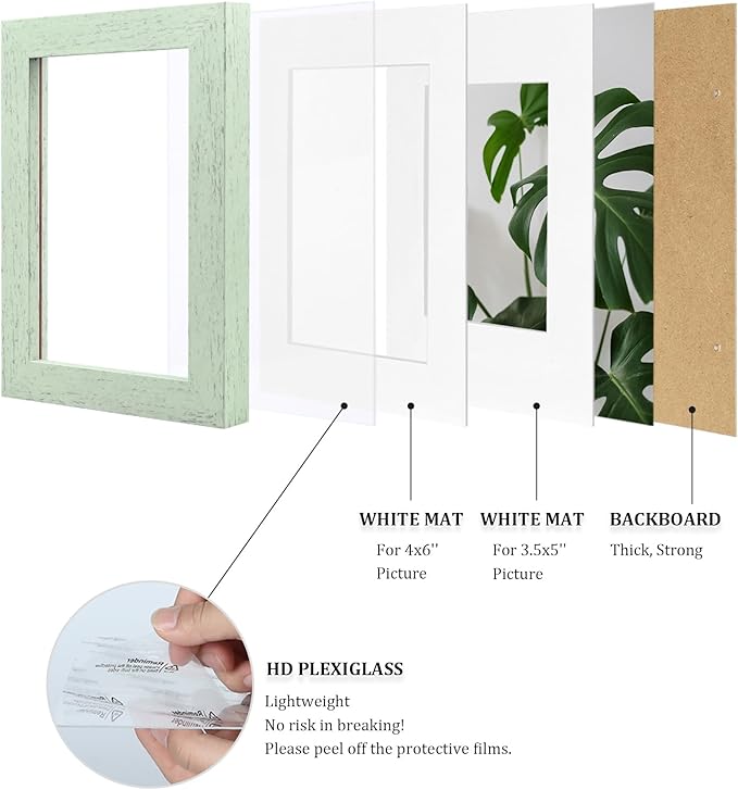 Egofine 4x6 Picture Frame Made of Solid Wood, Covered by Plexiglass Display Pictures 3.5x5 with Mat or 4x6 Without Mat for Table Top Display and Wall Mounting Photo Frame, Rustic Green