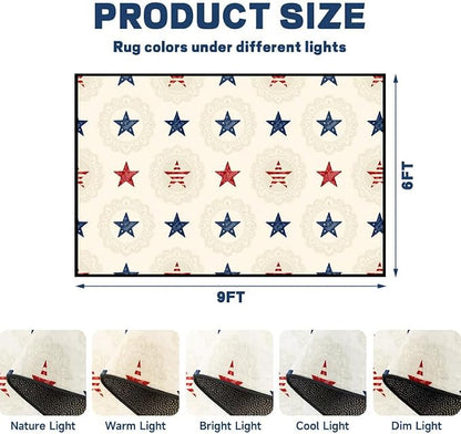 Star Area Rug 6'x9' Vintage Red Blue White Carpet Washable Low Pile Floor Mat Rugs for Bedroom Living Room Nursery Playroom Classroom Home Decor