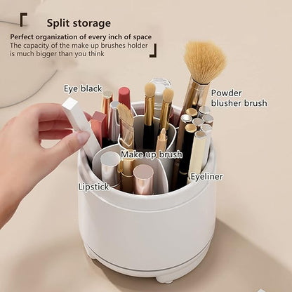 Cute Makeup Brush Holder Organizer with Lid, Rotating Dustproof Make Up Brushes Container with Clear Acrylic Cover for Vanity Desktop Bathroom Countertop