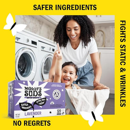 Molly's Suds Fabric Softener Dryer Sheets for Sensitive Skin | Plant-Based Static Reducer, Plastic-Free Packaging | Lavender (120 Sheets)