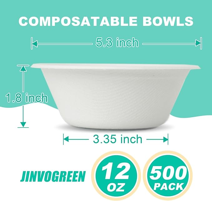500 Count 12 oz Paper Bowls, Disposable Compostable Bowls Bulk, Heavy Duty Biodegradable Bagasse Bowl for Snacks, Soup, and Salads, White
