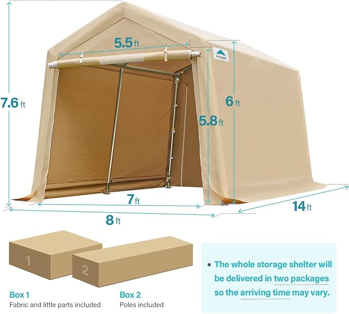 ADVANCE OUTDOOR 8x14 ft Steel Metal Peak Roof Portable Garage Shelter Storage Shed Carport for Motorcycle, Bike or Garden Tools with 2 Roll up Doors & Vents, Beige