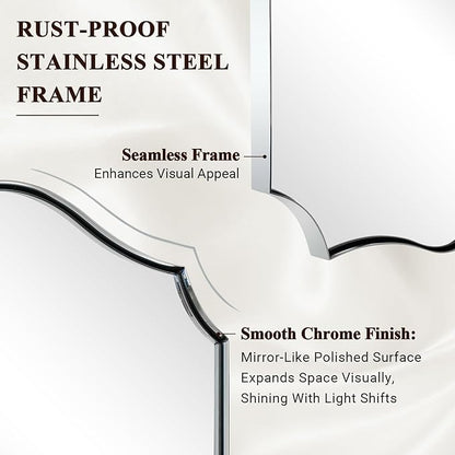 ANDY STAR Chrome Bathroom Mirror, 24x40 Inch Polished Silver Scalloped Mirror, Bathroom Mirror for Over Sink in Rust-Proof Stainless Steel 1" Frame, Unique Designer Mirror, Wave Inspired Style