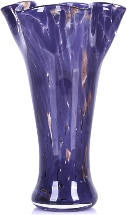 9.0" H Purple Glass Vases for Flowers, Unique Hand Blown Glass Vase Purple Home Decor, Wide Mouth Colorful Flower Vase Centerpieces, for Living Room Table Bookshelf, Bathroom Office Shelf Decorative