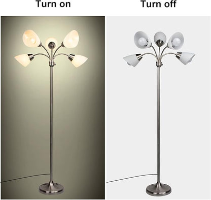 FIRVRE Multi Arm Floor Lamp Standing Lamp, Reading Floor Light with Adjustable Arms 5 Head PVC Lampshade,Sand Nickel Modern Tall Metal Lamps,Floor Lamp for Living Room, Bedroom,Dining Room