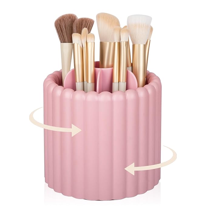Anyoifax 360 Rotating Makeup Brush Holder 7 Slots Make Up Brush Organizer Removable Spinning Cosmetic Brushes Storage Pen Holder for Vanity, Dresser, Desk, Pink