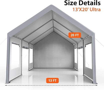 Garvee 13x20 ft Heavy Duty Carport, Extra Large Galvanized Steel Car Canopy with All-Season Tarp Cover, 4 Roll-Up Doors & Mesh Windows, Portable Garage Shelter for Car, Truck, SUV, Boat, Grey