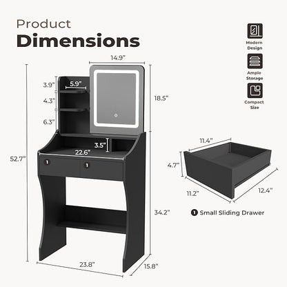 Small Vanity Desk, Makeup Vanity with Mirror and Lights, Vanity Desk with Drawer & 3 Storage Shelves, Black Makeup Vanity Desk with Lights for Bedroom