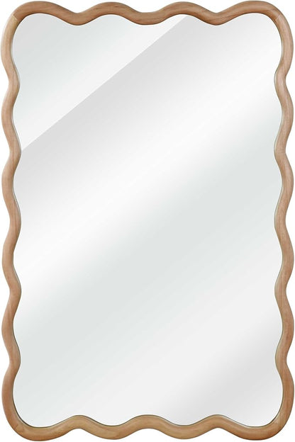 36x24 Inch Wooden Wavy Rectangle Wall Mirror, Modern Solid Wood Frame Decorative Accent Mirror for Bedroom, Bathroom, Living Room, Entryway, Natural Wood Color