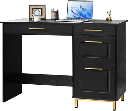 4 EVER WINNER Computer Desk with Drawers, 43 Inch Small Desk with Golden Handle, Home Office Desk with Storage Shelves for Bedroom, Black