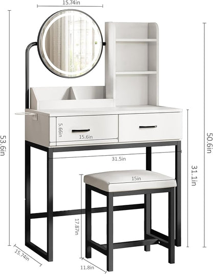 Makeup Vanity Desk with Mirror and Lights, Cute Vanity Makeup Table, Small Vanity Table for Bedroom with Lots Storage, 3 Lighting Modes, 31.5in(L)