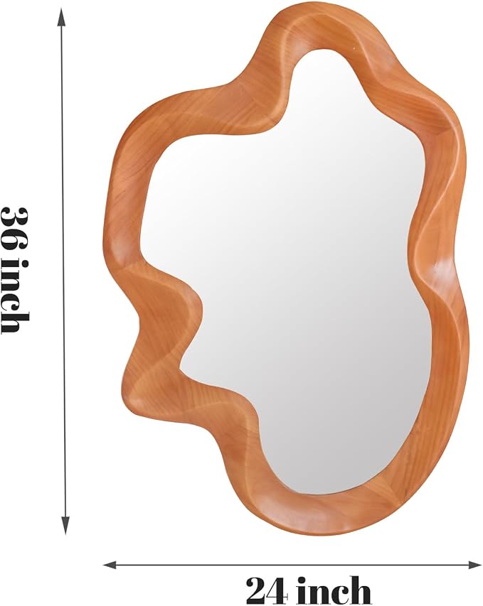 Gluck Plants Irregular Wall Mirror,Wavy Asymmetrical Wood Framed Decorative Mirror, Funky Modern Walnut Unique Large Shaped Decor Wall Mirrors for Entryway,Bedroom, Living Room;24"x36"