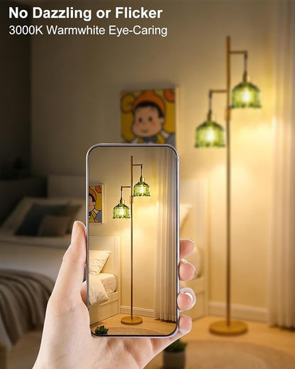 Lightdot 2- Light Gold Flower Floor Lamp, 65IN Green Glass Floor Lamps with 3000K Warm White Bulbs, Modern Standing Tall Lamp with 5Lbs Heavy Base for Living Room Bedroom Home Office Sofa Beside
