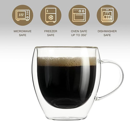 Aurzen 2 Pack Double Walled Glass Coffee Mugs with Handles 8.5oz, Large Insulated Layer Coffee Cups, Clear Borosilicate Mugs, Perfect for Cappuccino, Tea, Microwave Safe (8.5oz-2Pack)