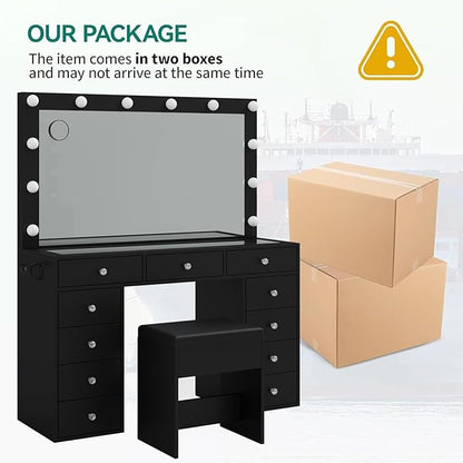 Vanity Desk & Power Outl, Makeup Table with Mirror and 12 LED Lights, Makeup Table with 11 Drawers, 3 Lighting Modes Brightness Adjustable(Black)