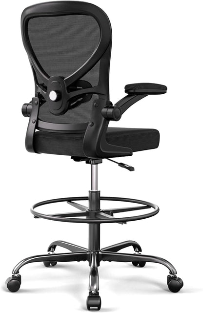 Alolo Drafting Chair,Big and Tall Office Chair with Footrest Ring,Ergonomic Chair for Counter Height and Standing Desk Comfy with Lumbar Support and Flip-up Armrests in Heavy Rolling Base,Black