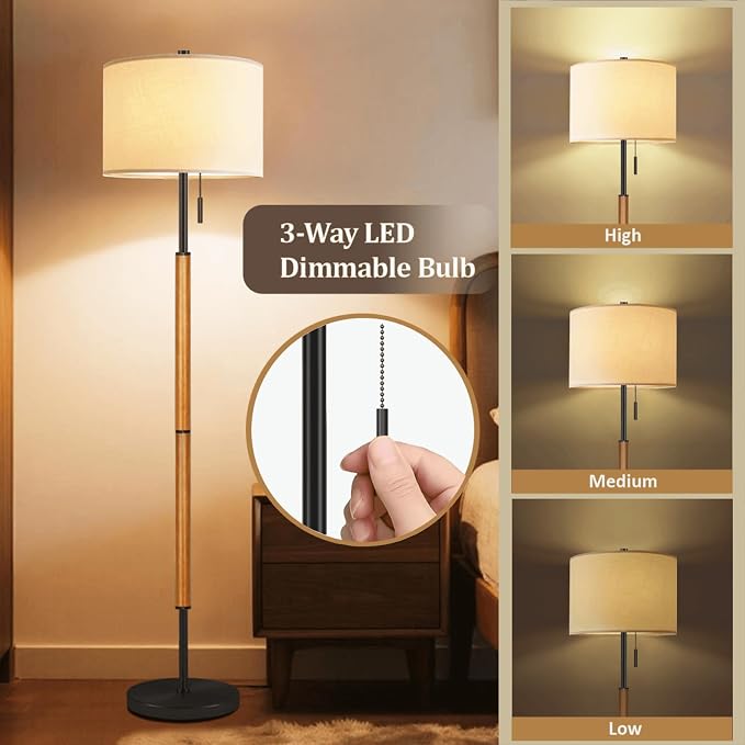 62" Brown Balck Floor Lamp for Living Room, 1200LM 3-Way Dimmable Wood Mid Century Floor Lamp for Bedroom Office, Wood Tall Lamp Linen Lampshade, LED Bulb Included