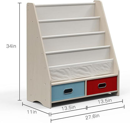 SEIRIONE Sturdy Kids Bookshelf, Tear-Proof Cotton Sling, Eco-Safe Toddler Bookshelf with 2 Cube Bins for Books & Toys, Beige/Wood Texture