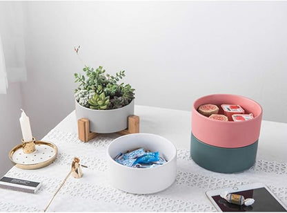 MINGZHE Ceramic Outdoor Planters,Flower Pot with Wooden Stand Indoor Display Rack Succulents Pots Round Planters for Indoor Plants(#2)