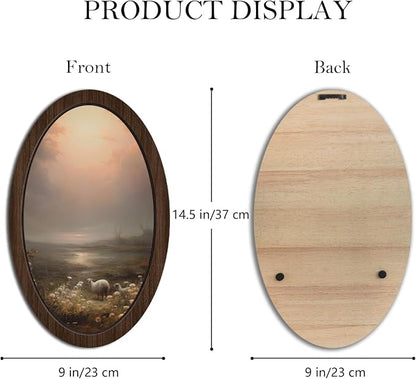 UYIKG Vintage Farmhouse Sheepa Oval Wall Art Decor,Rustic Cottagecore Lambs Floral Oval Wooden Framed Decor for Home Bedroom Theme Room Reading Room 9x14.6 in