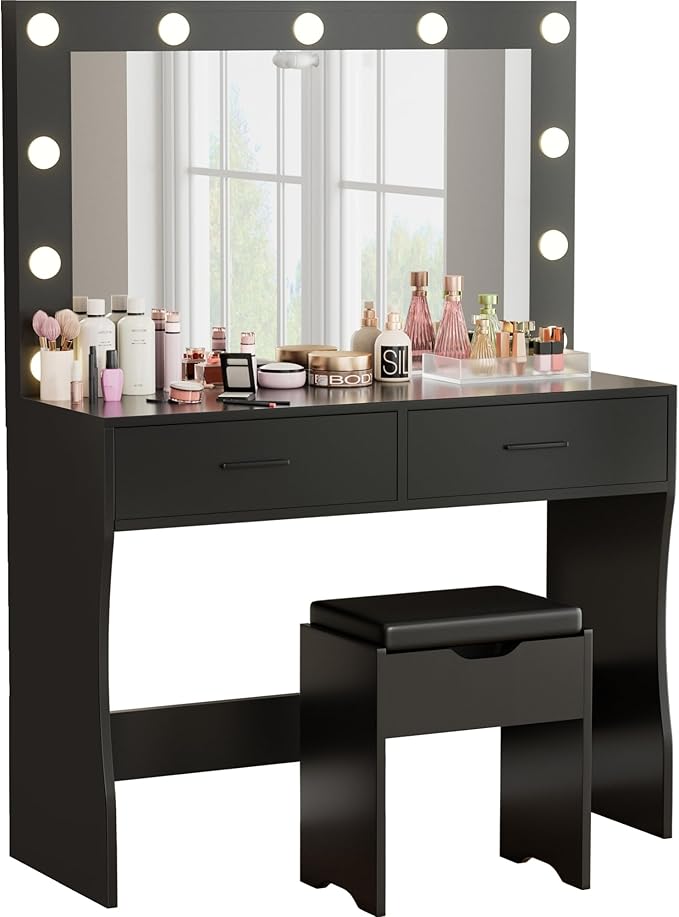 Furmax Vanity Desk Set with Large Lighted Mirror, 35.4 Inch Makeup Vanity Table with 2 Drawers, Cushioned Storage Stool, 3 Lighting Modes Brightness Adjustable, Dressing Table for Bedroom (Black)