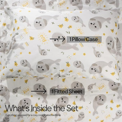 Salt Earth 100% Cotton 210TC Kids Bedsheet, Twin Fitted Sheet, Toddler Bed, 2 Piece Bedding Set- 1 Fitted Sheet and 1 Pillowcase, Themed Toddler Bed Sheets, Cute Sheets for Kids Bed (Seal)