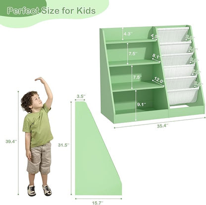 Kids Bookshelf Toddler Bookcase Children Book Rack Baby Toy Storage Organizer Child Book Display Shelf 4-Tier 5 Layer Sling Cabinet Chest Playroom Bedroom Classroom Library Green