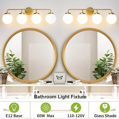 Bathroom Light Fixtures Gold Vanity Lights Over Mirror, Modern Wall Sconce Lighting 4-Light with White Glass Globe Shade