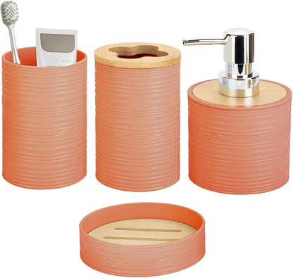 4 Pieces Bamboo Bathroom Accessories Set, Bathroom Accessory Set with Soap Dispenser and Toothbrush Holder, Soap Dish and Toothbrush Cup, Boho Bathroom Decor(Orange)