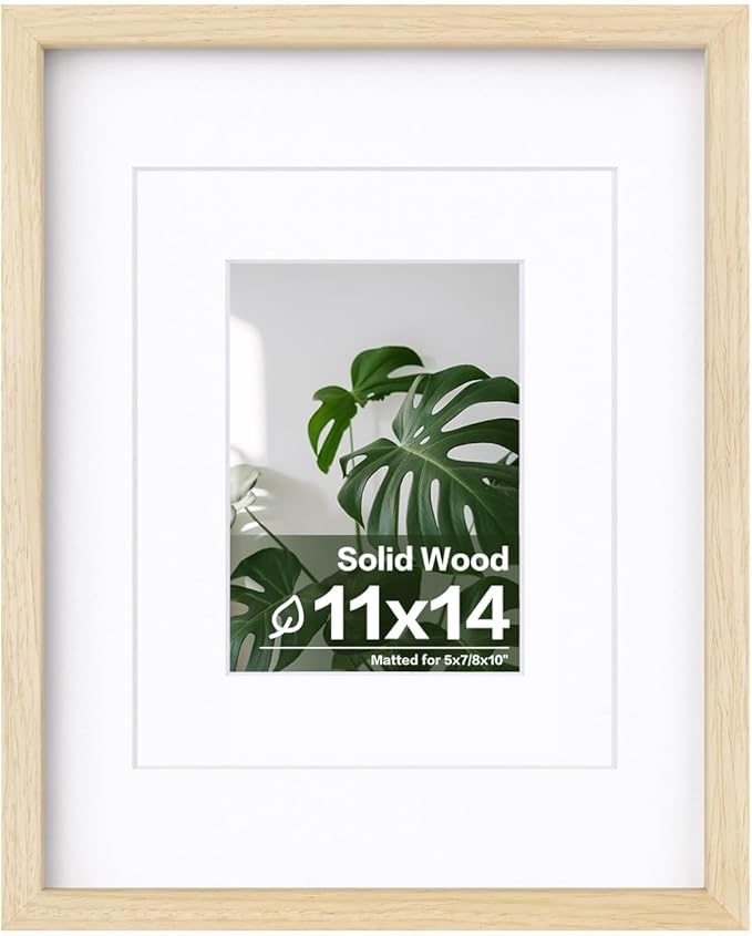 Egofine 11x14 Picture Frame Made of Solid Wood with Plexiglass, Display Pictures 5x7/8x10 with Mat or 11x14 Without Mat for Tabletop and Wall Mounting, Oak Wood