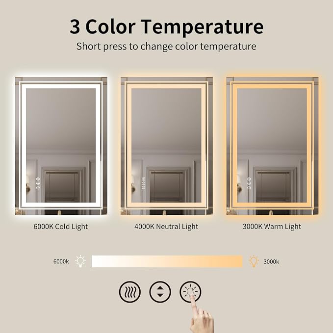 WTTY LED Bathroom Mirror with Backlit and Front Light, 27.5" X 35.4" Stepless Dimmable LED Mirror for Bathroom,Anti-Fog Lighted Bathroom Vanity Mirror Modern,Memory Function,Shatter-Proof