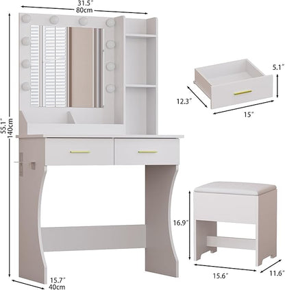 Vanity Mirror With Lights Desk And Chair, Small Makeup Vanity Set with Charging Station, Dressing Table with 2 Large Drawers, RGB Ambient Light, 3 Lighting Modes & Adjustable Brightness, White