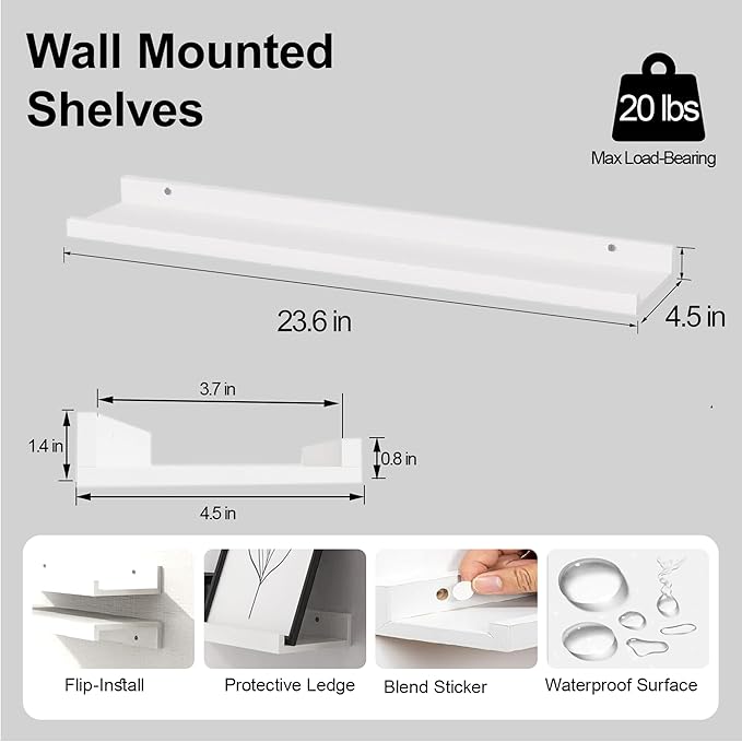 White Floating Shelves for Wall Decor, Long Wall Mounted Storage Shelf for Bedroom, Living Room, Bathroom, Kitchen, Nursery, Display Picture Ledge Shelf with Lip Set of 2-24 Inches, White