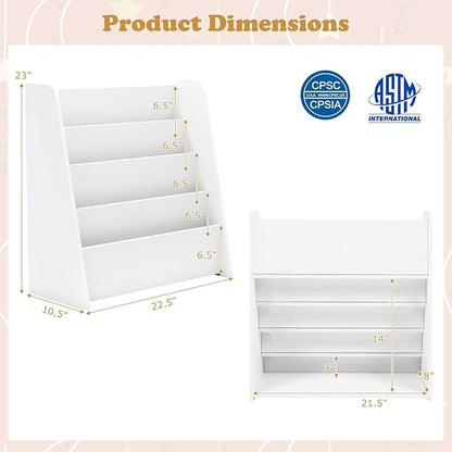 GLACER 4-Tier Kids Bookshelf, Wood Toddler Bookcase with Deep Magazine Display Shelf & Back Storage Space, Children Storage Organizer for Nursery, Playroom, Kids Bedroom, Classroom (White)